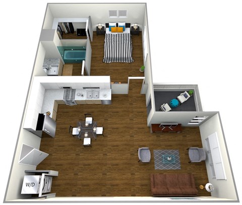 A floor plan of a two-story apartment with a living room, kitchen, and bathrooms.